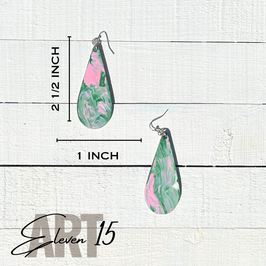 Handcrafted Pink & Green Swirl Tear Drop Earrings - Custom Lightweight Statement Jewelry