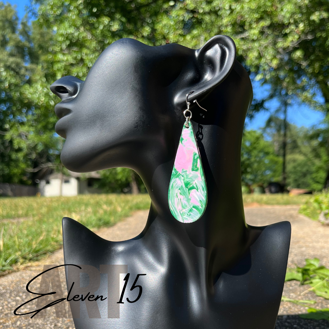 Handcrafted Pink & Green Swirl Tear Drop Earrings - Custom Lightweight Statement Jewelry