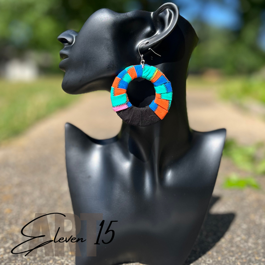 Handcrafted Black Licorice Earrings with Blue/Green Circles - Custom Lightweight Statement Jewelry